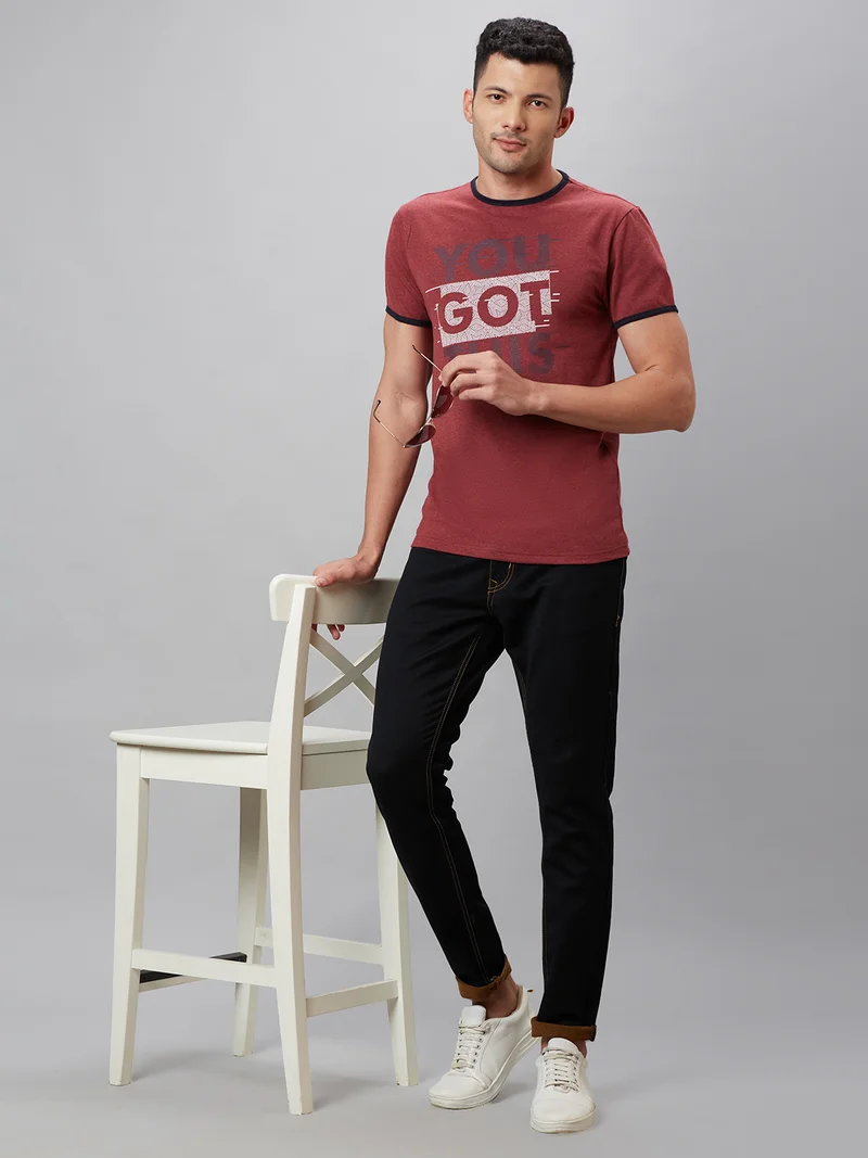 globus Globus Men Maroon Printed Round Neck Cotton Regular Fit Casual T-shirt